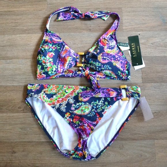 NWT Lauren Ralph Lauren Paisley Colorful Matching Bikini Set Size 12 - Picture 1 of 7